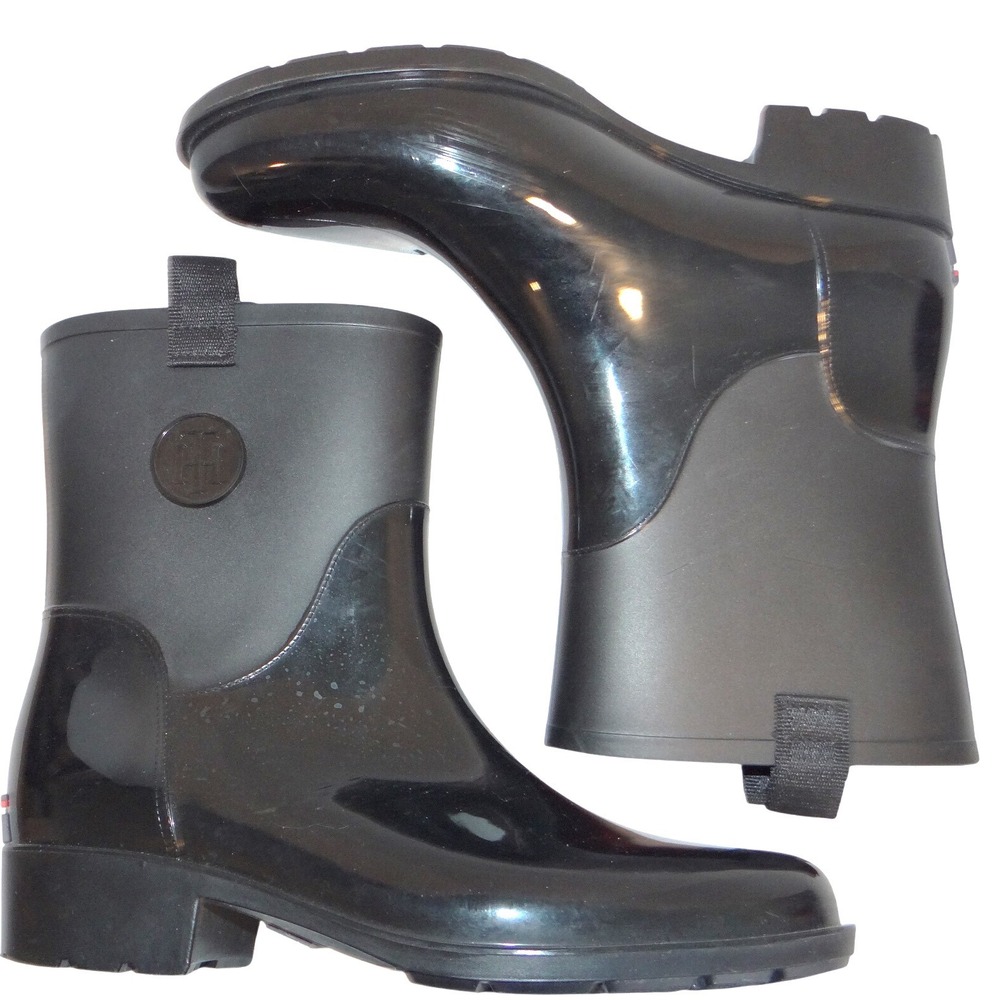 Tommy Hilfiger Khristie Black Boots Women 10M Glossy Matte Mid Calf‎ Waterproof